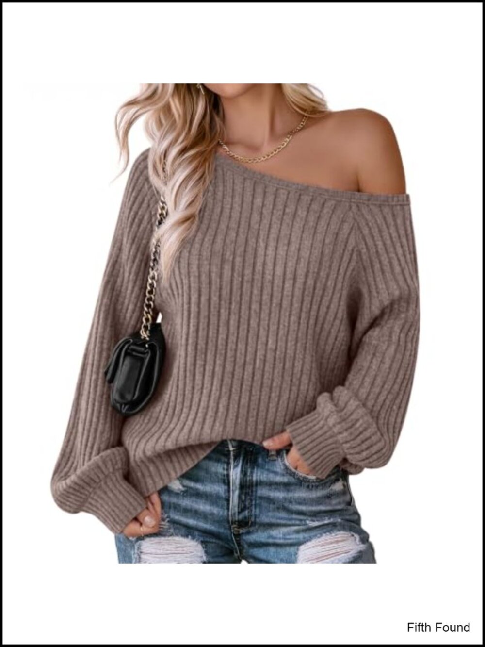 Women Off Shoulder Long Sleeve Ribbed Knit Sweater Pullover